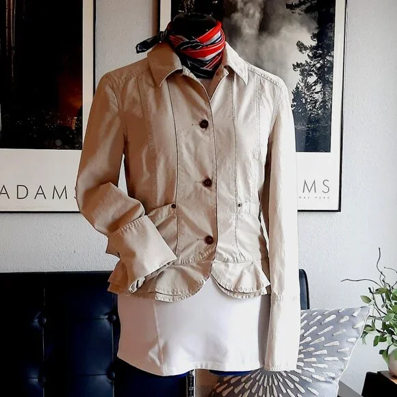 VTG DKNY JEANS tan cotton canvas military utility peplum jacket Sz M - Picture 1 of 12